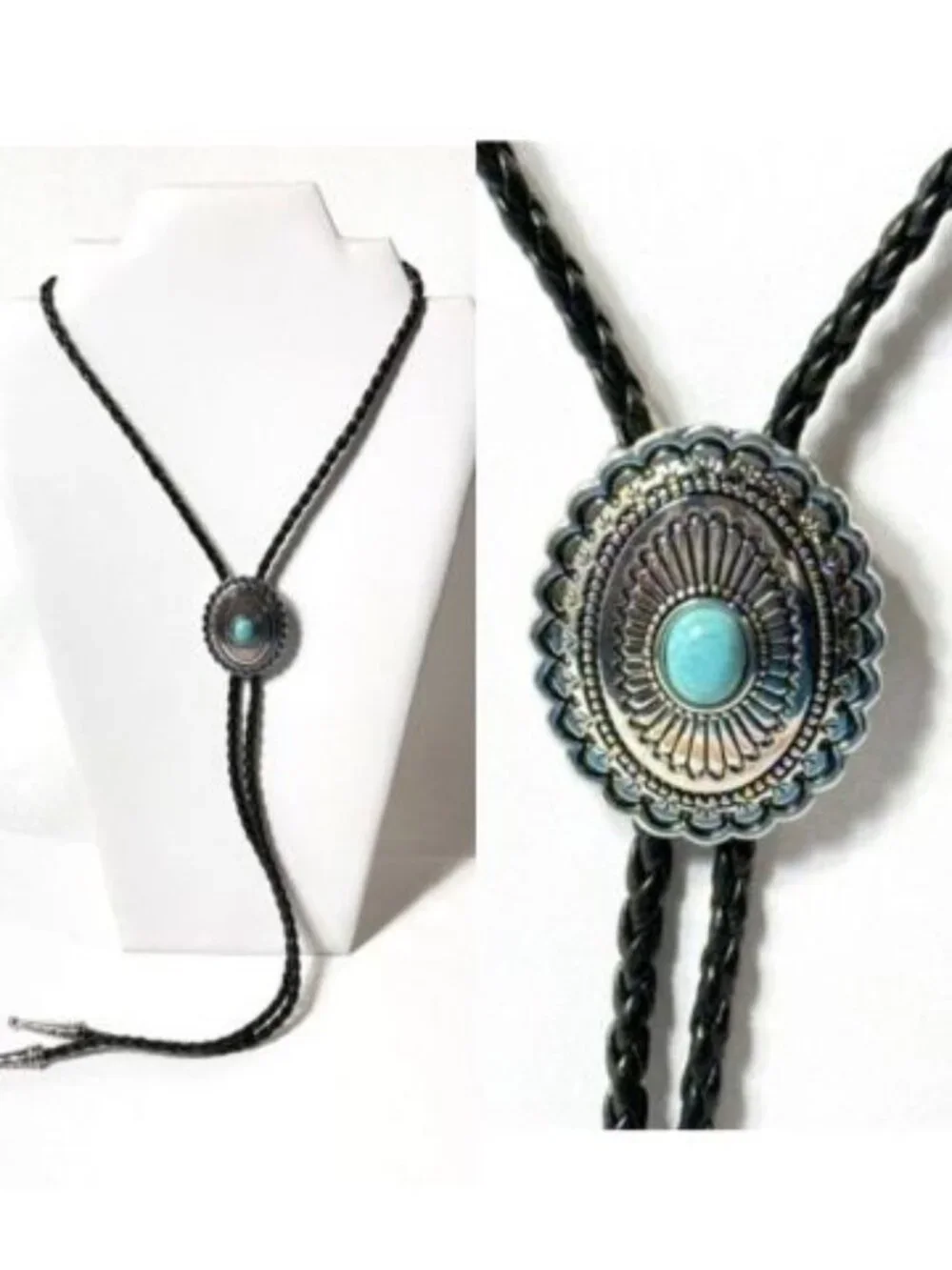 Turquoise-tone stone, silver-tone, black cord western cowboy bolo tie.